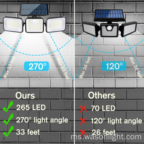 2023 Kawalan Jauh Baru 3 kepala Sensor Motion Suria Lampu 1000 Lumens 180 Lampu Keselamatan LED 270 Lampu Dinding Banjir Sudut Lebar